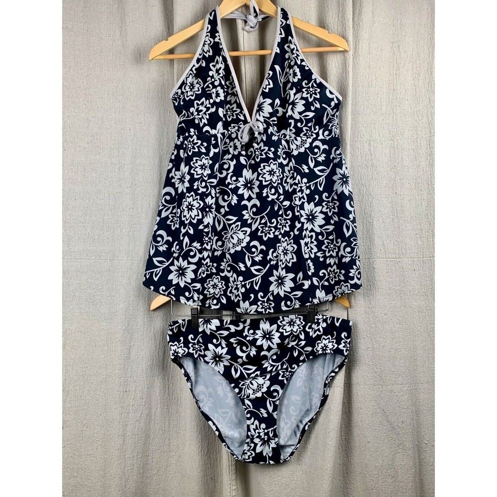 Motherhood Maternity Black White Floral Bathing Suit Tankini Bikini Size L